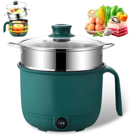 Elektrische Hot Pot Topf, 1.5L Kleiner Elektrischer Kochtopf mit Dämpfkorb aus Edelstahl, 600W Tragbare Schneller Nudelkocher, Multifunktions Bratpfanne für Zuhause, Büro und Studentenwohnheim(Grün)