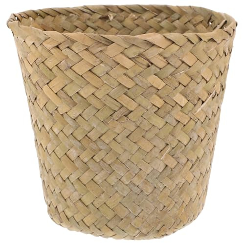 TOYANDONA Woven Trash can Natural Straw Storage Basket Mini Hamper Basket for Home Organising Desktop Living Room Bedroom and Office Use Portable Seagrass Waste Paper Bin