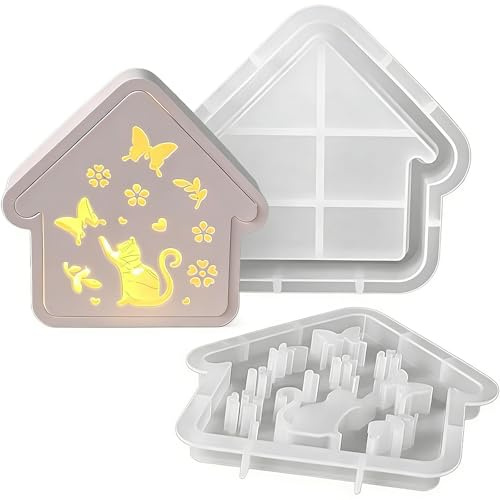 Caelura Silikonformen Gießformen Häuser, Gießformen Silikon Haus mit Katzen- und Schmetterlingsmotiven, Gips Zum Gießen, Kerzenform Seifenform Epoxidharz Formen für Seife Gips Gießform Ostern