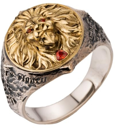 Zweifarbiger 925 Sterling Silber Löwen Ring mit Zirkonia Tier Löwenkopf Schmuck für Herren Offen Verstellbar