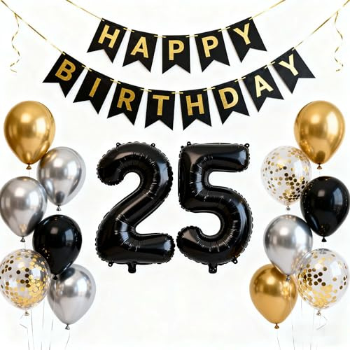 Schwarz Gold Luftballon 25. Geburtstag Deko, Silber 25 Jahre Geburtstagsparty Ballons, Nummer 25 Folienballon 25. Deko zum Geburtstag für Ihn Männer Freund Cheers to 25 Years