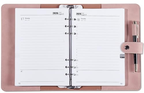 Kalender 2026 2027 A5 Ringbuch Tagesplaner, 1 Tag 1 Seite mit Monatsübersicht, Notizen, Kontakt, Stifthalter, PU Softcover, Nachfüllbarer Organizer Terminplaner für Schüler Büro, Aug.2026-Jul.2027