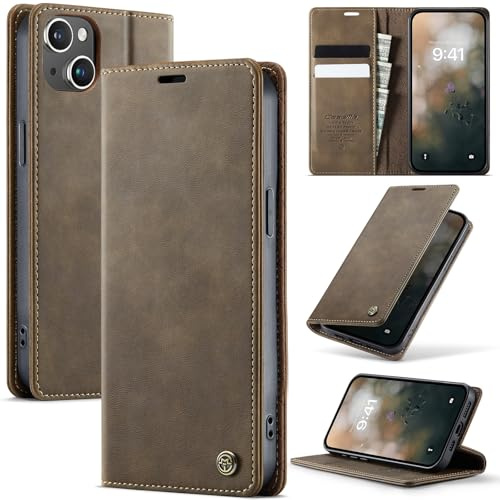Cracedily Wallet Case for iPhone 15 Leather Wallet Flip Cover with Card Holder, Kickstand, Magnetic Closure, RFID Blocking TPU Shockproof Phone Case Compatible with iPhone 15, Coffee