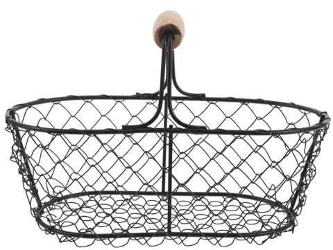 TOYANDONA Cesta para huevos de metal con mango de madera, cesta de alambre para huevos frescos, cesta de almacenamiento rústica para cocina y encimera, permeable al aire, color negro