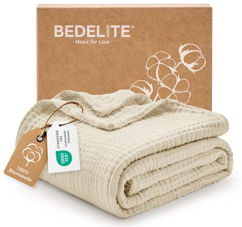 BEDELITE Musselin Decke 150 x 200 Erwachsene Tagesdecke Baumwolle, Beige | weiche & atmungsaktive 4-lagige Musselindecke 150x200 alle Jahreszeiten, leichter Überwurf Decken für Bett, Sofa und Couch