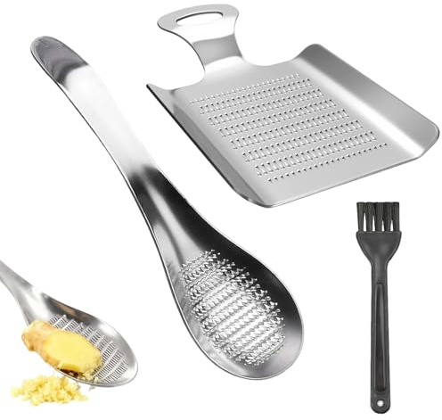 TenaLucy Premium Ingwerreibe aus Edelstahl-Löffel, Allgemein Knoblauchpresse Edelstahl, Multifunktions Reibe Edelstahls Spülmaschinenfest & Pflegebürste für Knoblauch Kurkuma Zitronen Apfelreibe Käse