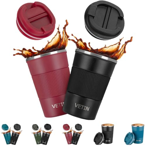 VETIN 2 Stück Kaffeebecher To Go Thermo 380 ml, 304 Edelstahl Thermobecher | Auslaufsicherer Deckel, Doppelwandige Isolierung, für kaffee to go, Reisen und Pendeln, Passend für Auto-Getränkehalter