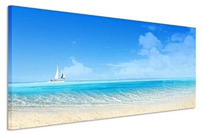 Stampa su tela, 150 x 50 cm, su telaio, soggetto: mare estivo con barca a vela