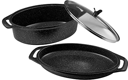 Pradel Excellence - Set 3 Pièces Marmite Ovale - Fonte d'Aluminium Façon Pierre - Plat à Gratin, Couvercle Verre, Maniques - Tous Feux dont Induction - Sans PFOA