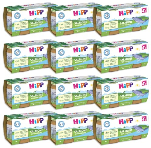 HiPP - Omogeneizzato di Pesce per Neonati, Gusto Salmone con Verdure, Senza glutine e Senza Aggiunta di Sale e Aromi, 24 Vasetti da 80 g