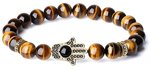 COAI Geschenkideen Glücksarmband aus Tigerauge Gelb mit Pavé-Inspiration und Hamsa Hand für Damen und Herren