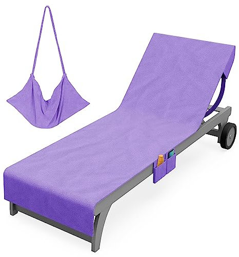 Vinsani Sun Lounger Beach Towel Carry with Pockets Sand Free Compact Bag Soft Microfibre Quick Dry Lightweight 215 x 73 cm for Holiday Summer Garden Swim Pool Beach Lounger Towels – Purple