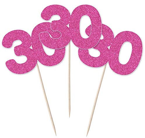 Number 30 Cupcake Toppers - 12pk Cake Decoration, Birthday, Anniversary, Pick, Pics, Thirty (Hot Pink Glitter)