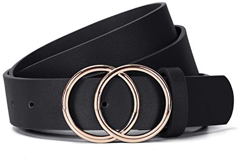 JasGood Damen Ledergürtel Mode Doppel O-Ring Schnalle Gürtel für Jeans Hosen Kleider,Schwarz/Goldene Schnalle,150cm