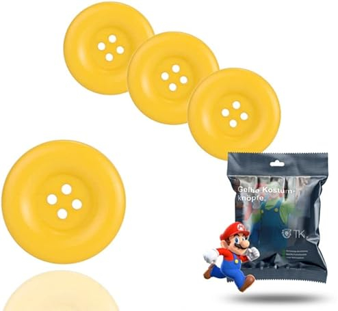 4x Super groß Knöpfe Knopf Mario Waluigi Mario gelb für Kostüm, Verkleidung, Erwachsene Latzhose Karneval Fasching Damen und Herren