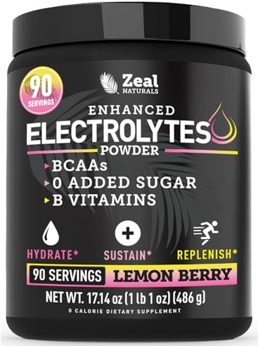 Zeal Naturals Electrolyte Powder - 90 Servings | Keto Electrolytes Powder | Zero Sugar, BCAAs, B-Vitamins | Potassium, Zinc, Magnesium | Hydration Powder Recovery Drink | Lemon Berry