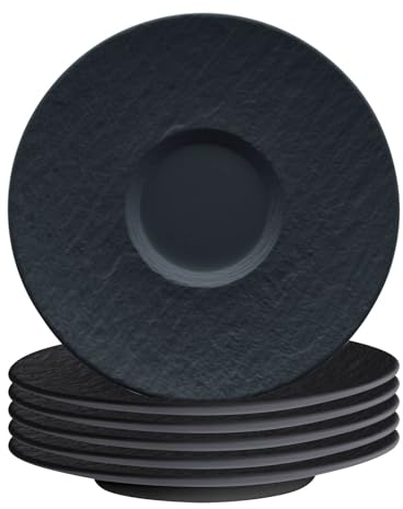 Villeroy & Boch Manufacture Rock Café au Lait Untertassen 6er Set, Milchkaffee-Untertasse ø 17 cm, Geschirr in Schiefer-Optik, Premium Porzellan, Schwarz