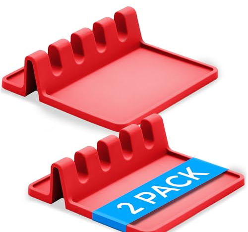 Repose Cuillère Cuisine, Pack de 2 – Pose Cuillère Cuisine avec Égouttoir – Porte Ustensiles Cuisine Thermorésistant, sans BPA – Ustensiles pour Poser les Spatules, les Pinces et les Louches (Rouge)