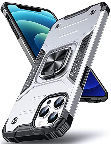 DASFOND Designed for iPhone 12/iPhone 12 Pro Case, Military Grade Shockproof Protective Phone Case Cover with Enhanced Metal Ring Kickstand [Support Magnet Mount] for iPhone 12 6.1 inch,Silver