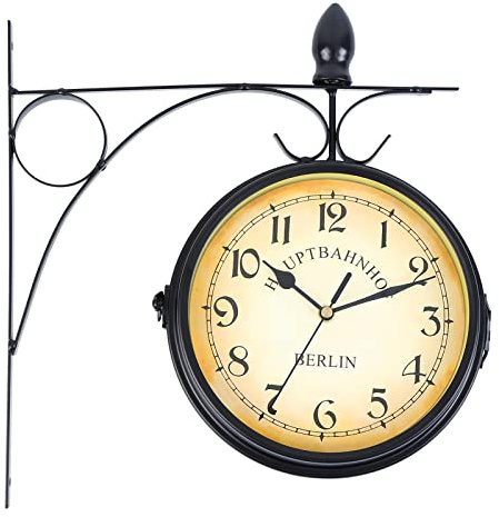 H-YEEU Doppelseitige Bahnhofsuhr Retro Zweiseitige Wanduhr Schwarz Eisen Retro Wanduhr Zahlen Wanduhr 31 cm * 29 cm Dekorative Wanduhr mit Halterung