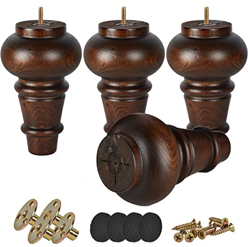 Btowin 6 inch Solid Wood Furniture Legs, 4Pcs Turned Glaze Wooden Bun Feet with Mounting Plate & Screws for Sofa Couch TV Stand Ottoman Chair