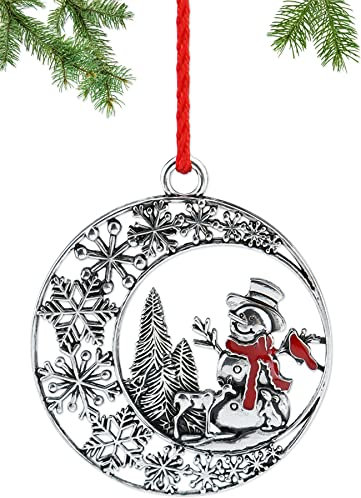 2024 Weihnachtsbaumschmuck aus massivem Zinn, Metall, hängende Dekorationen für Party, Zuhause, Urlaub, Weihnachtsdekoration, Geschenke mit rotem Seil für Freunde, Familie, Kinder (Schneemann)