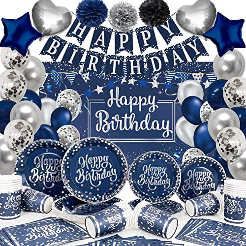 Navy Blue and Silver Birthday Party Supplies Serves 25 Guests Include Plates, Cups and Napkins, Navy Blue and Silver Balloons, Banner, Pompoms and Photography Backdrop for Birthday Decorations