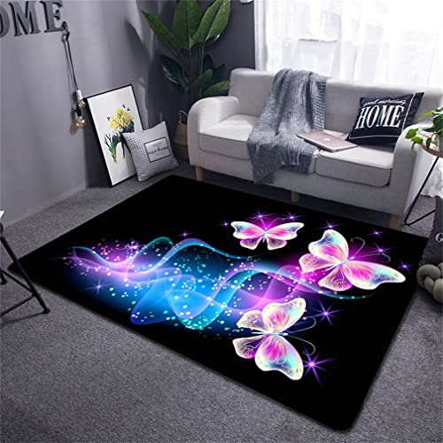 PEIHUODAN Schmetterling und Sternenlicht Teppich Lila Rosa Schwarz Fantasy Romantisch Wohnzimmer Schlafzimmer 140 x 180 cm