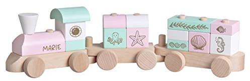 KEKSKRONE Holzzug Personalisiert mit Namen - Ocean Serie, Rosa - Spielzug als Geschenk zur Geburt & Taufe
