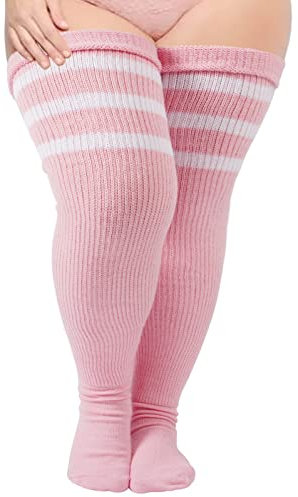 Moon Wood Womens Thigh High Socks Plus Size Extra Long Striped Thick Over the Knee Socks Leg Warmer Boot Stockings Baby Pink & White