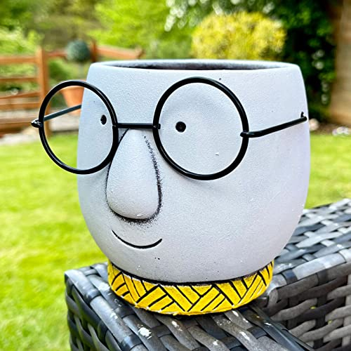 Darthome Cement Face Planter With Glasses White Garden Human Head Plant Pot With Drainage (Small 13cm)