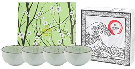 TOKYO design studio Green Cosmos 4 Schalen-Set grün-weiß, Ø 13 cm, ca. 550 ml, asiatisches Porzellan, inkl. Geschenk-Verpackung und exklusiven Servietten