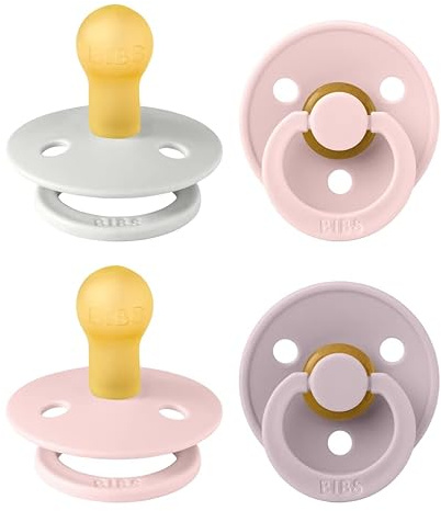 BIBS Colour Dummy, 0-6 Months, 4-Pack, Round Teat, Haze Mix | Natural Rubber Latex | Size 1 | BPA-Free | Made in Denmark | High Teat Acceptance | Airflow Holes | Comfort Shield