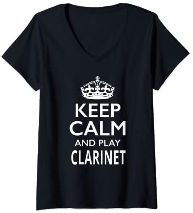 Damen Keep Calm and Play Klarinette lustiges Musikinstrument-Design T-Shirt mit V-Ausschnitt