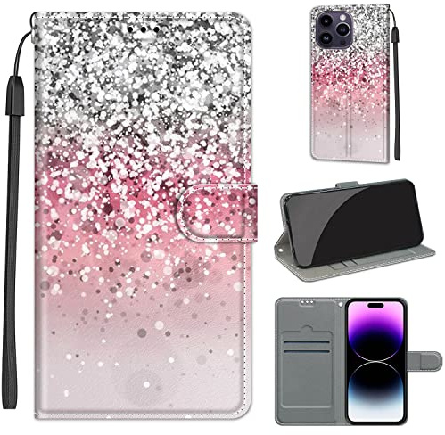 TOMYOU PU Leather Wallet Case for iPhone 14 Pro Max, Silver Glitter | Pouch Design, Book Flip Folio, Magnet Closure, Kickstand, Card Slots, Wrist Strap Lanyard, Pattern Style