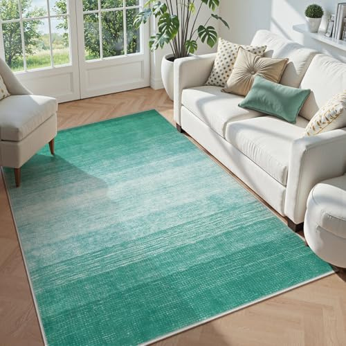 Wonnitar Moderner Ombré-Teppich für Wohnzimmer, fusselfrei, schmutzabweisend, Esstisch, großer Teppich, waschbar, abstrakt, rutschfest, Schlafzimmer, Überwurf, Teppich für Wohnungseingang (Blaugrün
