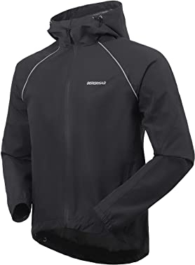 BERGRISAR Herren Fahrradjacke Wasserdicht Atmungsaktiv Fahrrad Regenjacke mit Kapuze Leich Windbreaker Laufjacke Wanderjacke Schwarz XX-Large