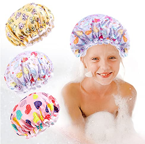 Shower Cap for Kids, 3 Pack Large Reusable Double Layer Waterproof Shower Cap, Washable Plastic Toddler Shower Caps, Elastic Band Bath Hair Cap for Women Girls Spa Salon