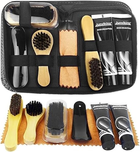 Kit de cirage pour chaussures - Kit de nettoyage et d'entretien - Kit de brosse de cirage de chaussures de voyage - Noir et neutre - Brosses de nettoyage avec applicateur en bois et chiffon de 8