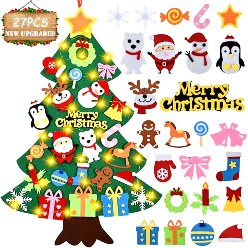 UNTIL YOU Felt Christmas Tree,DIY Felt Christmas Trees for Toddlers with 27pcs Xmas Ornament, 80cm DIY Christmas Tree Set for Kids, Handmade New Year Christmas Door Wall Hanging Decorations