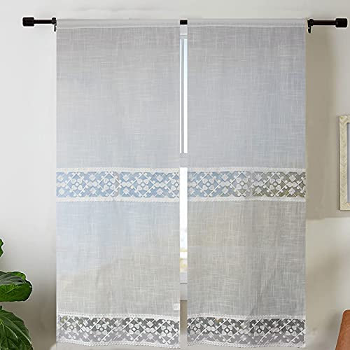 Generico Coppia Tendine Finestra Con Pizzo Ricamato Cuore Tenda Cucina Moderna Lino-Poliestere Shabby Chic Tinta Unita 60x240cm 2 Unità Bianco