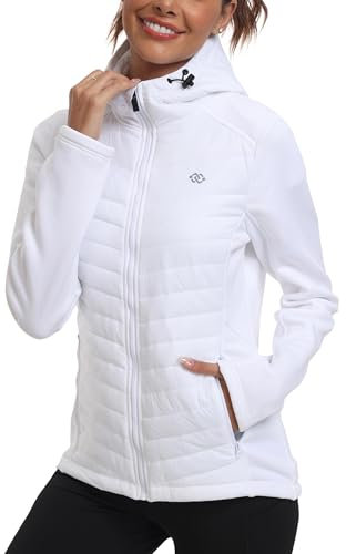 MoFiz Women's Hooded Jackets Lightweight Packable Quilted Padded Jacket Warm Transitional Hybrid Puffer Jacket with Zip Pockets White Size US M
