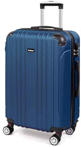 Todeco Valise Moyenne Taille 68cm, Valise de Voyage, Rigide e Légère ABS Valise de Voyage à roulettes Valises, 4 Doubles Roues, 68x45x26cm, Bleu foncé