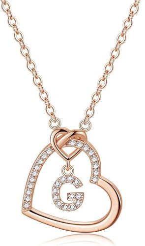 LIHELEI Damen Halskette Herz Buchstabe S925 Roségold Kette Damen Personalisiere Kette, Geburtstags und Weihnachten Geschenk Für Frauen Mädchen Mama Freundin - G(Roségold)