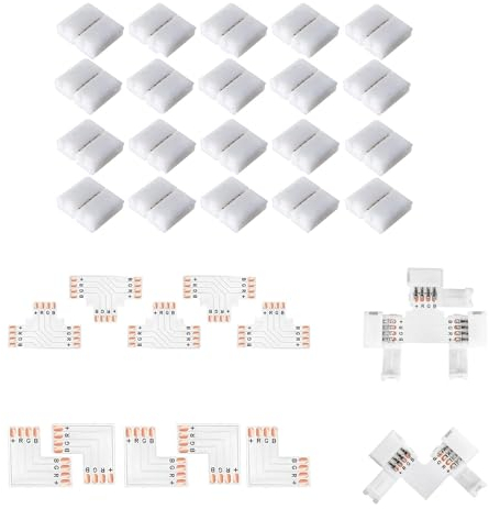 Amefil LED-Streifenverbinder, 4-polig, lötfrei, lückenloser Stecker, 8 mm breiter RGB-L-Splitter, rechtwinkliger Stecker, T-Form, Stecker für RGB 3528 2835, mehrfarbige LED-Lichtstreifen