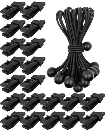 20 Stück Planenclips + 20 Stück Spanngummis mit Kugel 15cm - Zeltplane Clips Planenbefestigung - Planenspanner Tarp Clips Set für Zelt Camping Vorzelt (Schwarz)