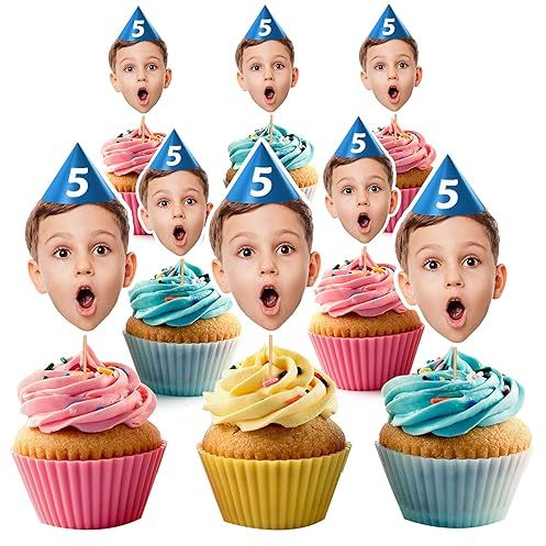 Personalised Photo Face Faces Cupcake Toppers Custom Cake Topper 5th Birthday Party Decorations 7th 10th 13th Kids Boys Girls HBD5