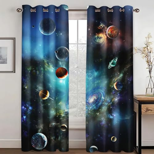 KARPIX Universum Planet Fenstervorhang Weltraum Sternenklar vorhänge Mit Ösen Blickdicht Gardine Für Kinder Und Jugendliche, 2 Paneele (1,150x166cm(2x75x166cm))