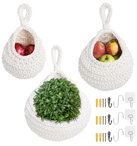 Coptiner 3Pcs Hanging Fruit Baskets for Kitchen, Hanging Basket Cotton Teardrop Hanging Baskets with three kinds of Hooks Fruit Space Saver Storage Organiser for Vegetable Onion Potato Storage (White)