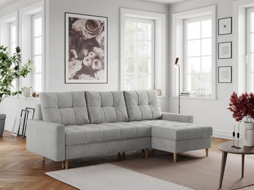 MKS MEBLE Ecksofa - L-Form Sofa mit Schlaffunktion - Wohnlandschaft L Form, Ecksofa mit Schlaffunktion und Bettkasten, Schlafsofa mit Bettkasten, Couch mit Schlaffunktion - Hellgrau Colin